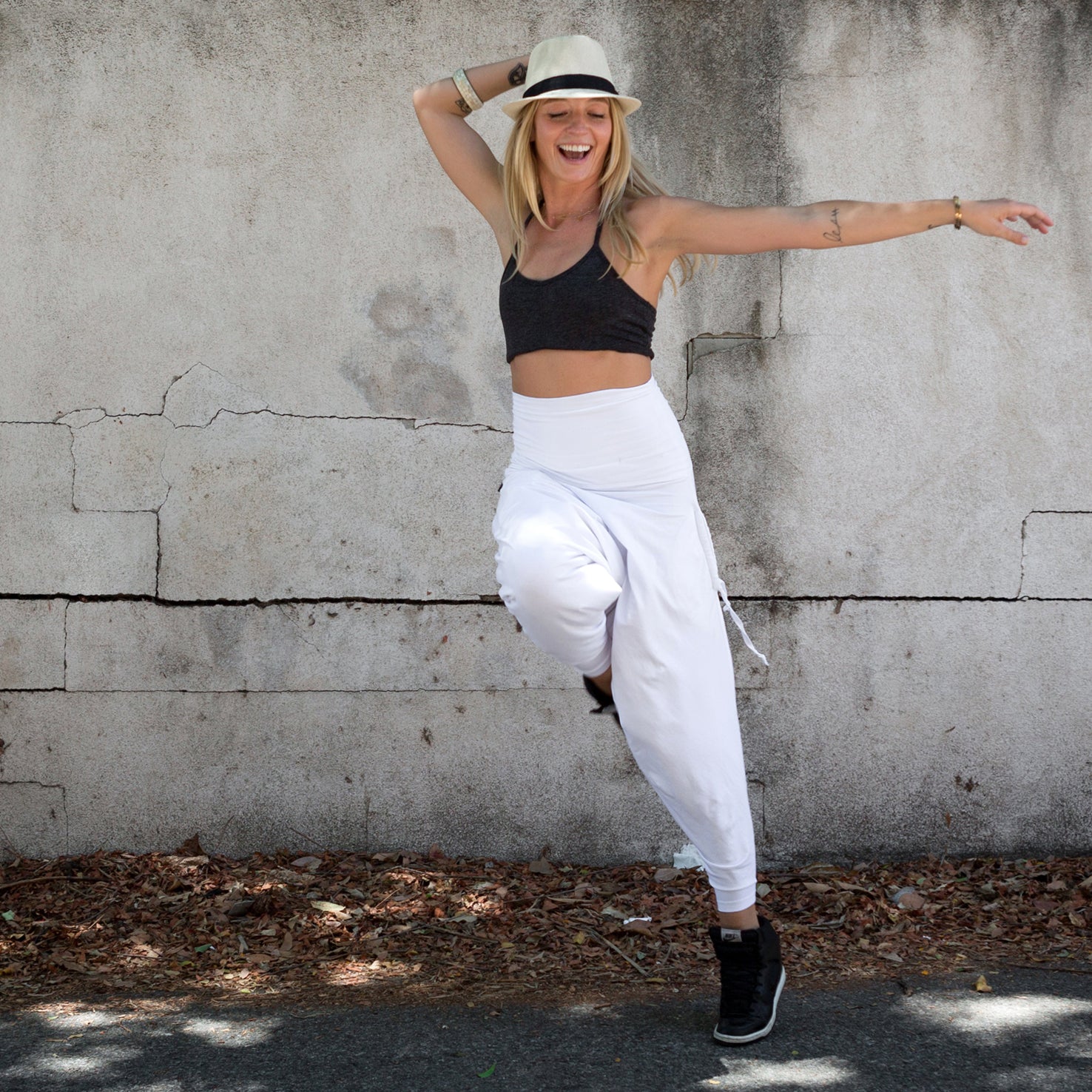 Jersey Cotton Stretch Wide Waisted Pants in White