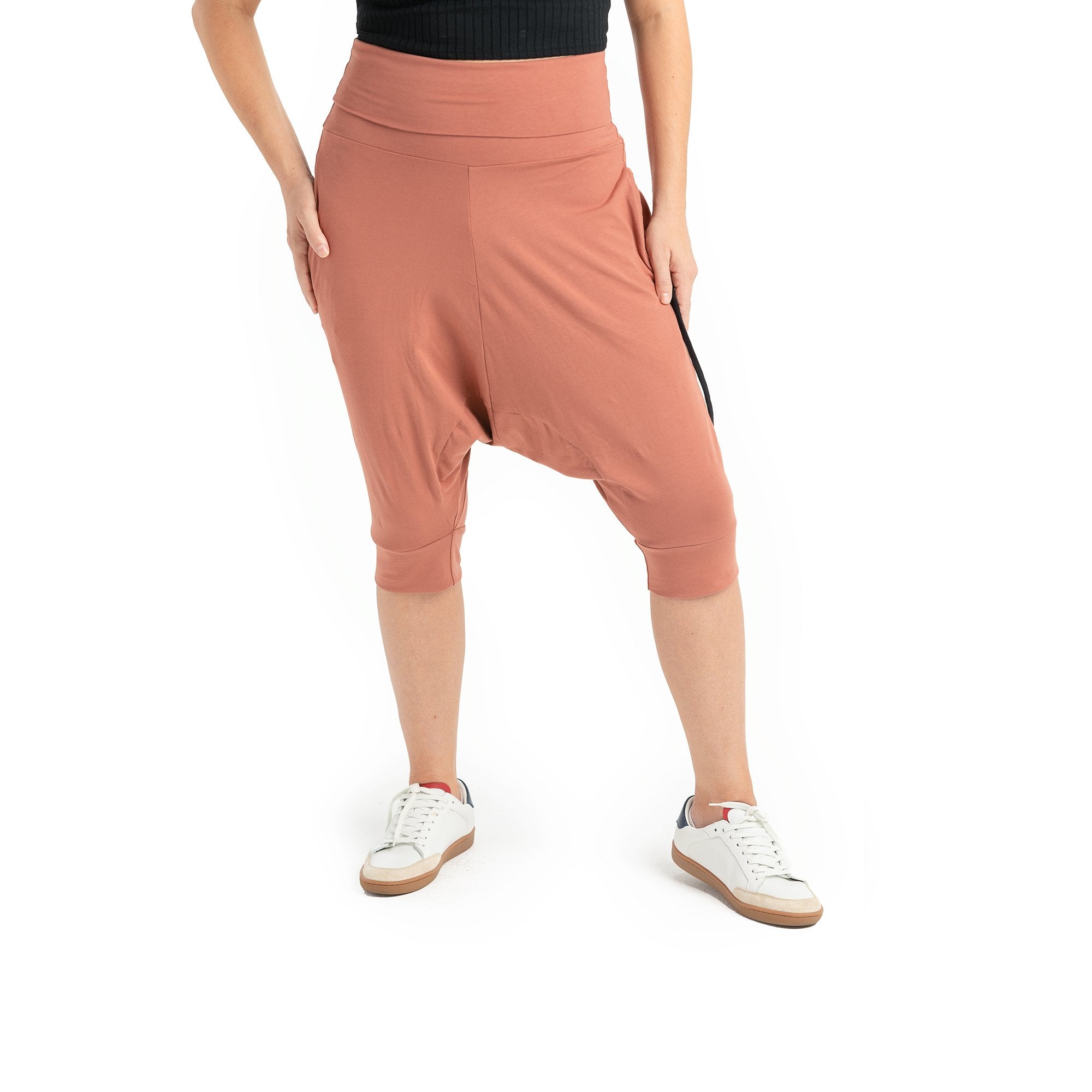 High-Waisted Fold-Over Bamboo Jersey Pants in Brick